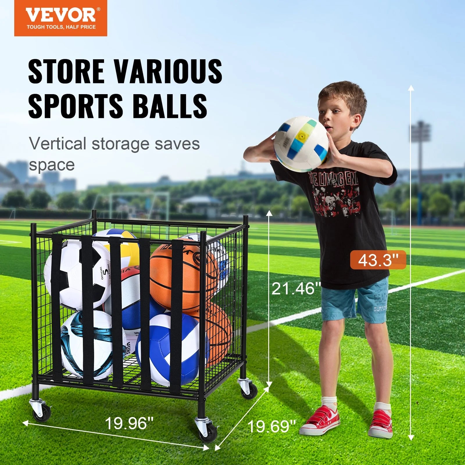 Carro de almacenamiento VEVOR para balones de fútbol, con cierre y correas elásticas, ideal para garajes, colegios y gimnasios.